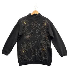 Cezanne Vintage Black Long Sleeve Mock Neck Floral Beaded Sweater Women Large